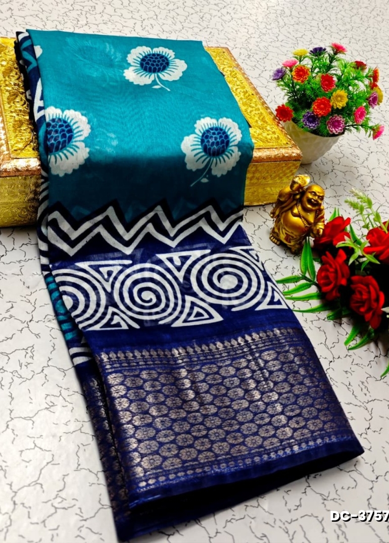 Dailywear cotton sarees all over body peacock designpattern design premium look lightweight comfortable wear - DARK SKY BLUE (1)