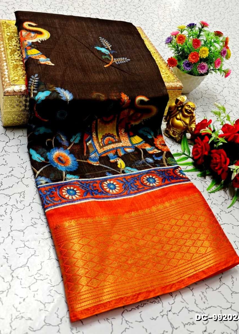Dailywear cotton sarees all over body peacock designpattern design premium look lightweight comfortable wear - COFEE COLOR