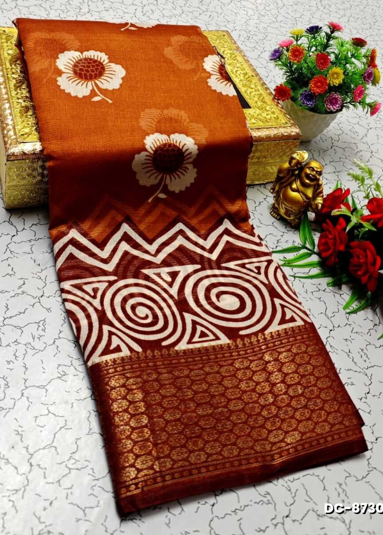 Dailywear cotton sarees all over body peacock designpattern design premium look lightweight comfortable wear - BROWN COLOUR (2)