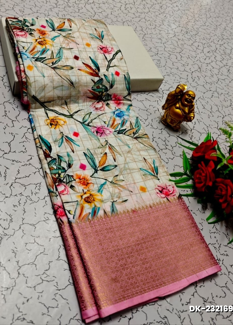 Elegant Floral Dola Silk Saree with Zari Border - BEIGE COLOUR (4)