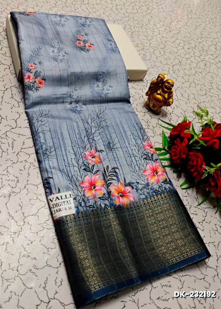 Elegant Floral Dola Silk Saree with Zari Border - LIGHT BLUE N (1)