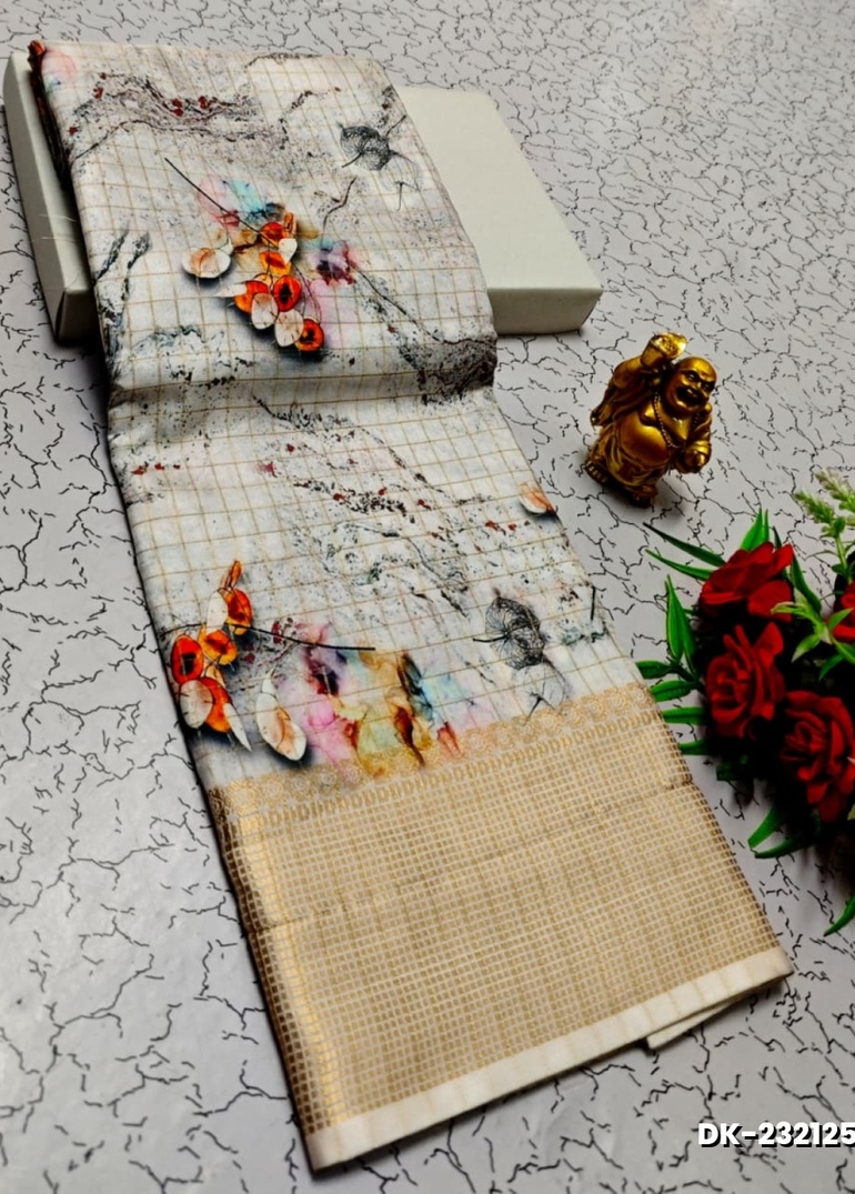 Elegant Floral Dola Silk Saree with Zari Border - WHITE