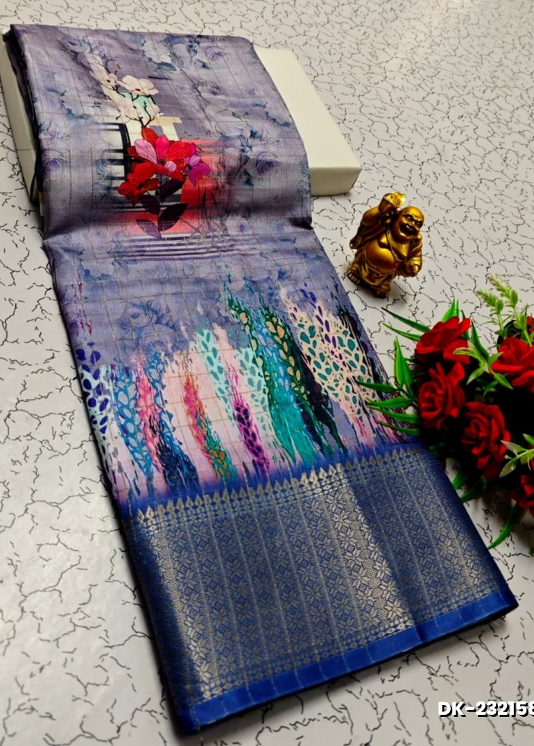 Elegant Floral Dola Silk Saree with Zari Border - PURPLE