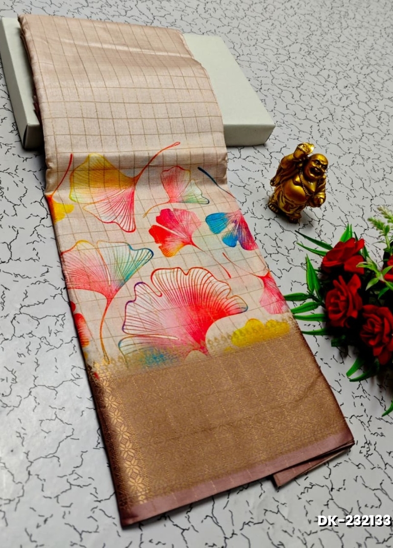 Elegant Floral Dola Silk Saree with Zari Border - CREAM (4)