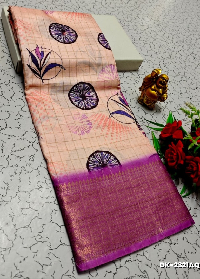Elegant Floral Dola Silk Saree with Zari Border - LITE PEACH (1)