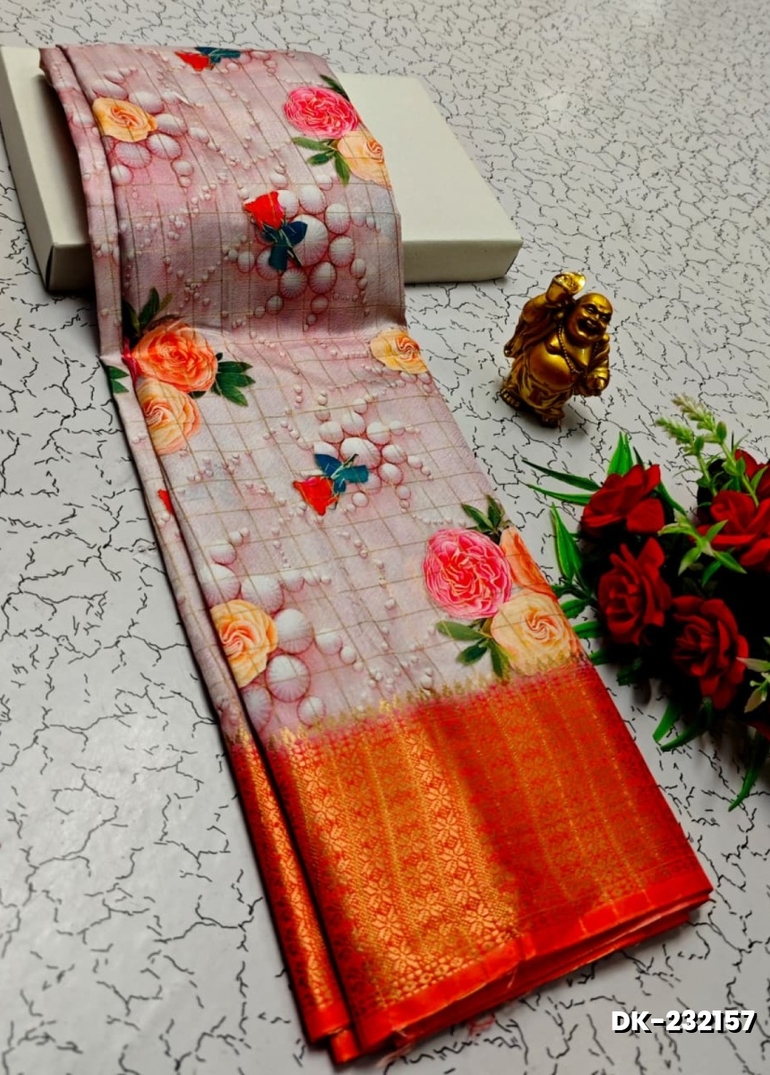 Elegant Floral Dola Silk Saree with Zari Border - LIGHT ORANGE