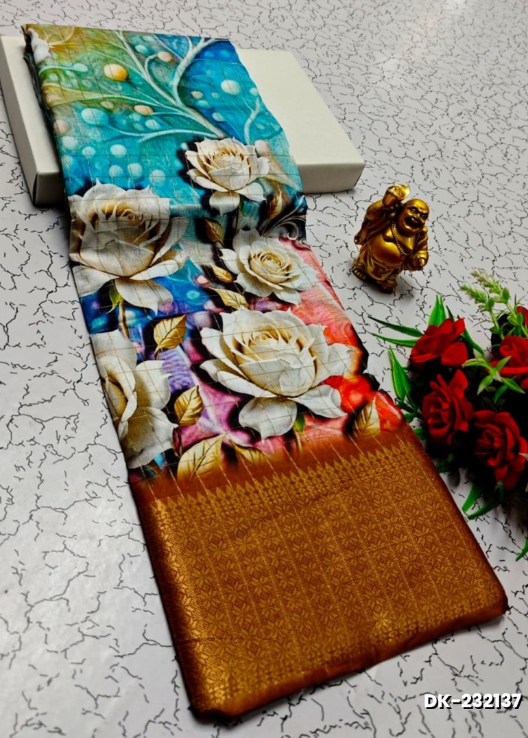 Elegant Floral Dola Silk Saree with Zari Border - LIGHT BLUE (1)