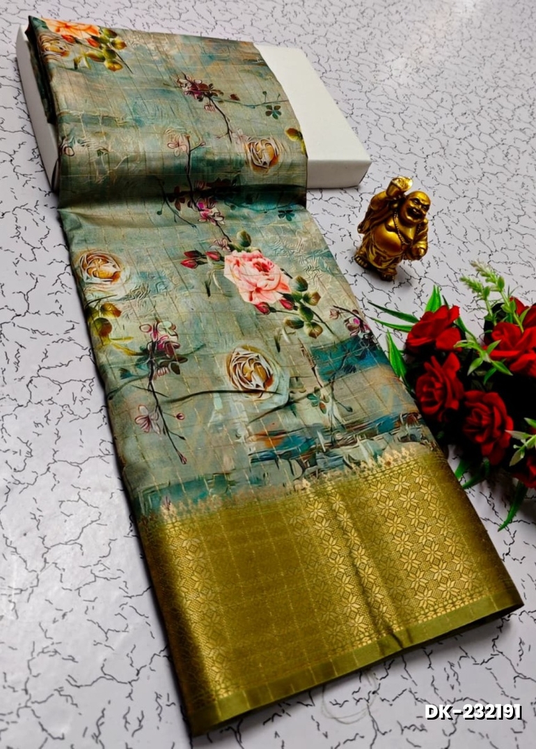 Elegant Floral Dola Silk Saree with Zari Border - LIGHT OLIVE