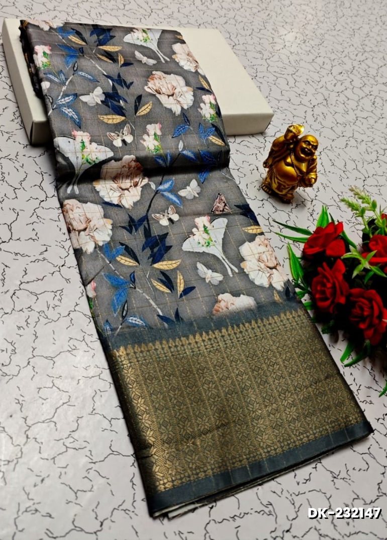 Elegant Floral Dola Silk Saree with Zari Border - GRAY (3)