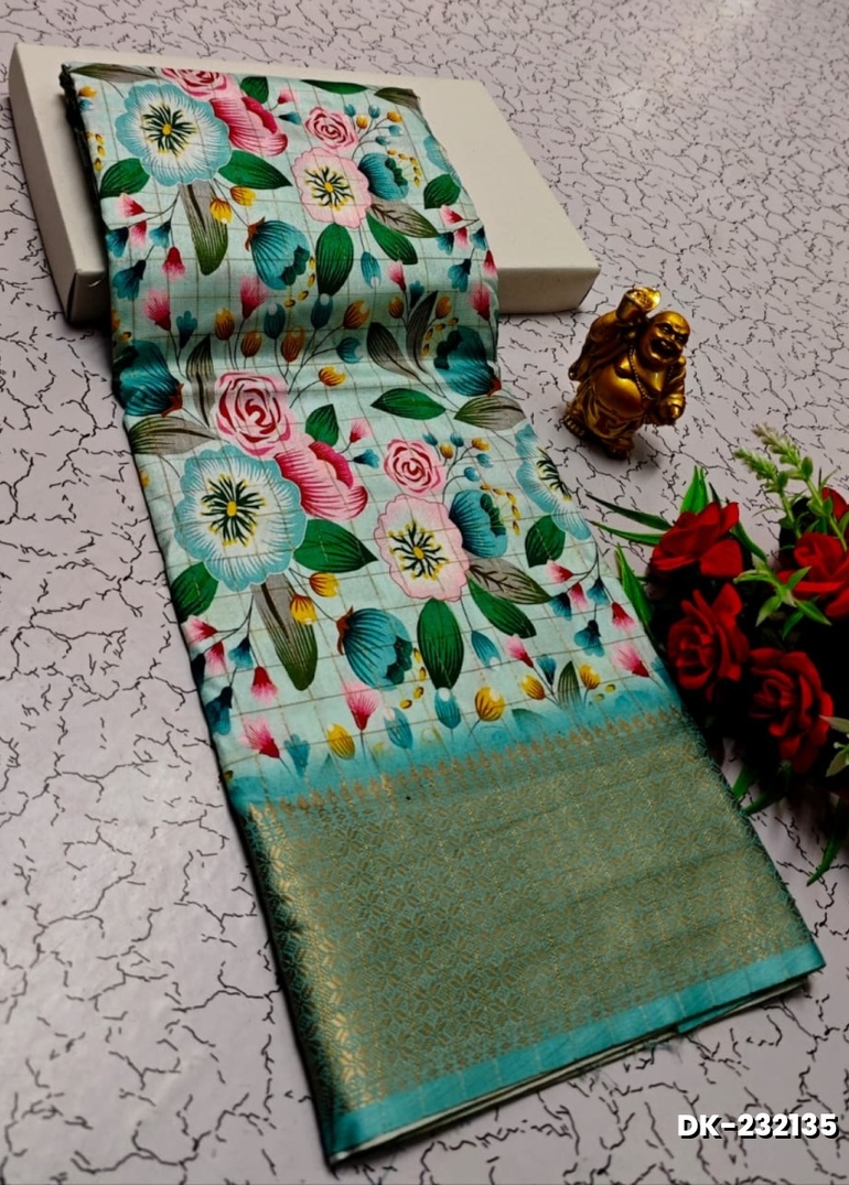 Elegant Floral Dola Silk Saree with Zari Border - DARK SKY BLUE (1)