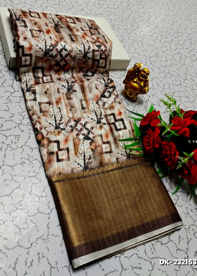 Elegant Floral Dola Silk Saree with Zari Border - BROWN (2)