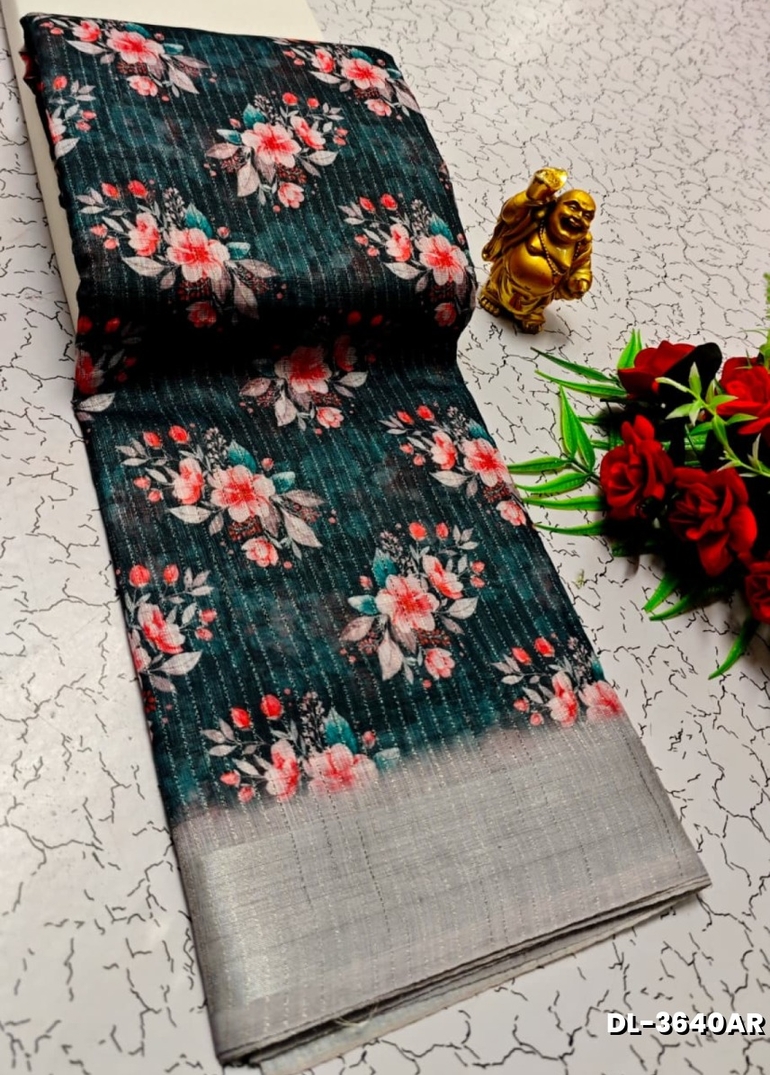 Digital printing linen cotton  trending sarees - PEACOCK GREEN