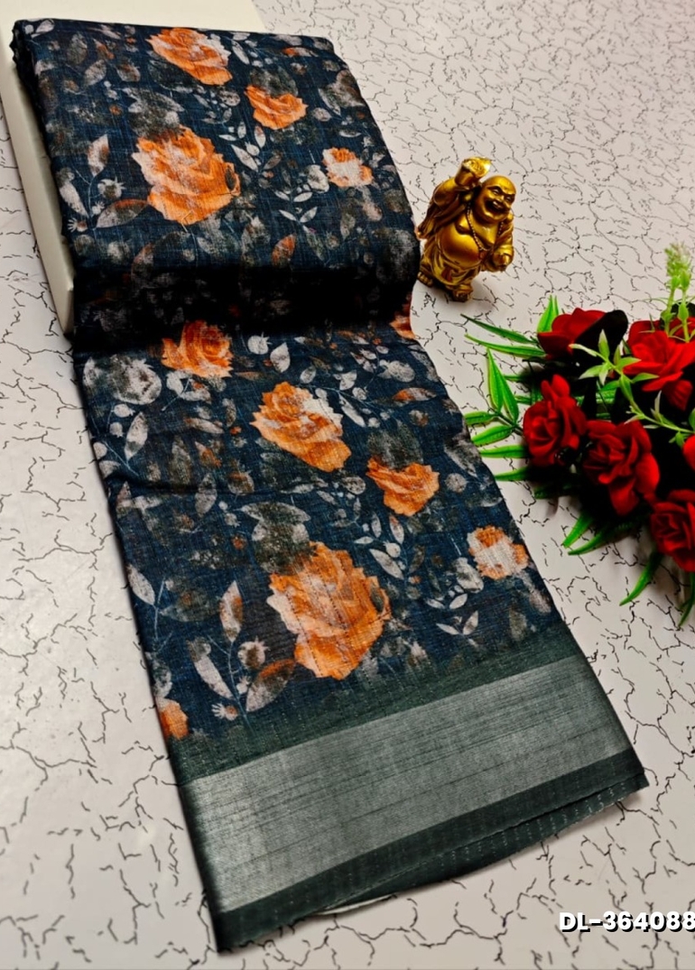 Digital printing linen cotton  trending sarees - PEACKOK BLUE
