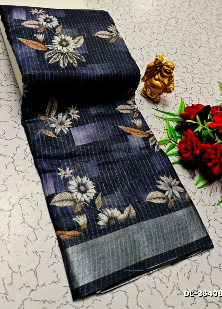 Digital printing linen cotton  trending sarees - R BLUE