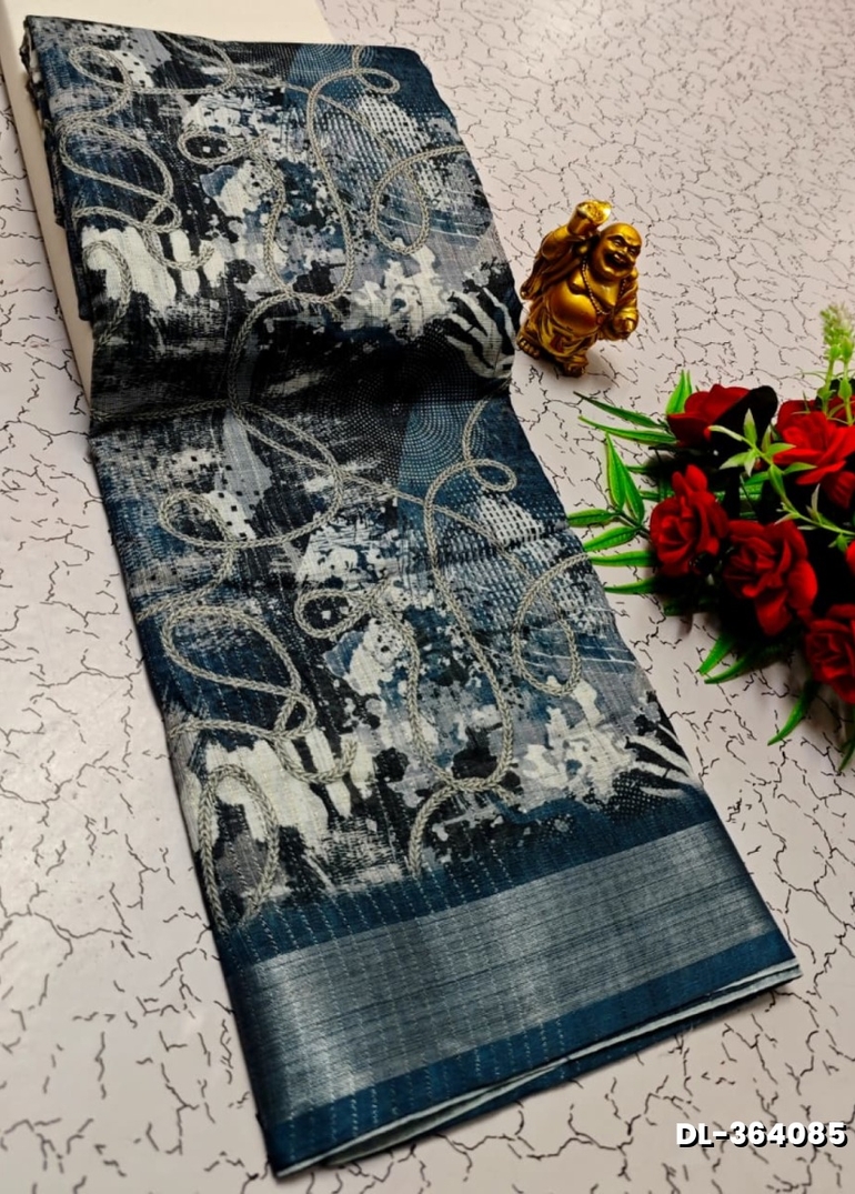 Digital printing linen cotton  trending sarees - BLUE SHADE