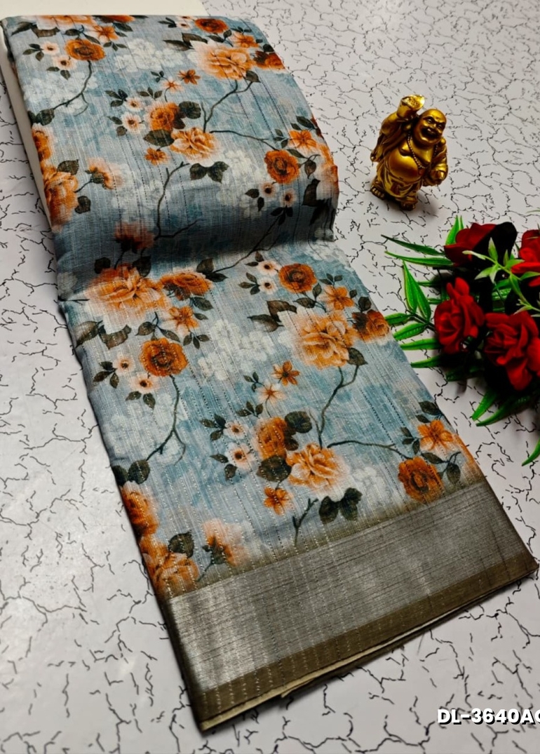 Digital printing linen cotton  trending sarees - ICE BLUE