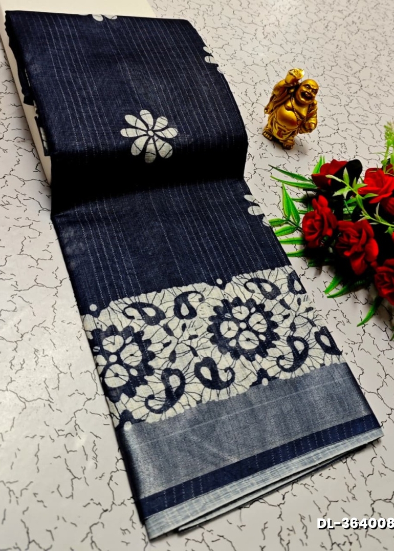 Digital printing linen cotton  trending sarees - NAVY COLOUR