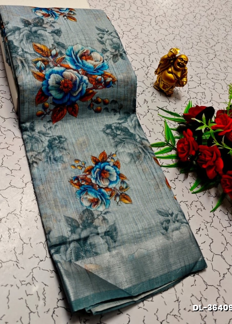 Digital printing linen cotton  trending sarees - LIGHT BLUE N