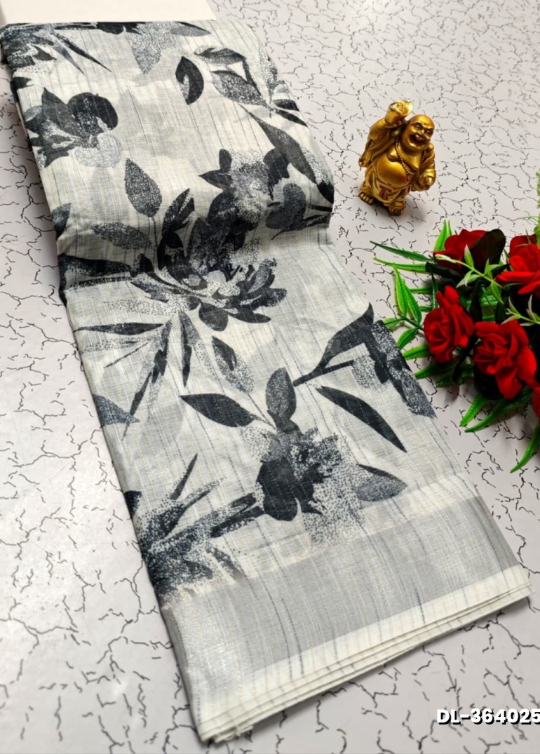Digital printing linen cotton  trending sarees - WHITE