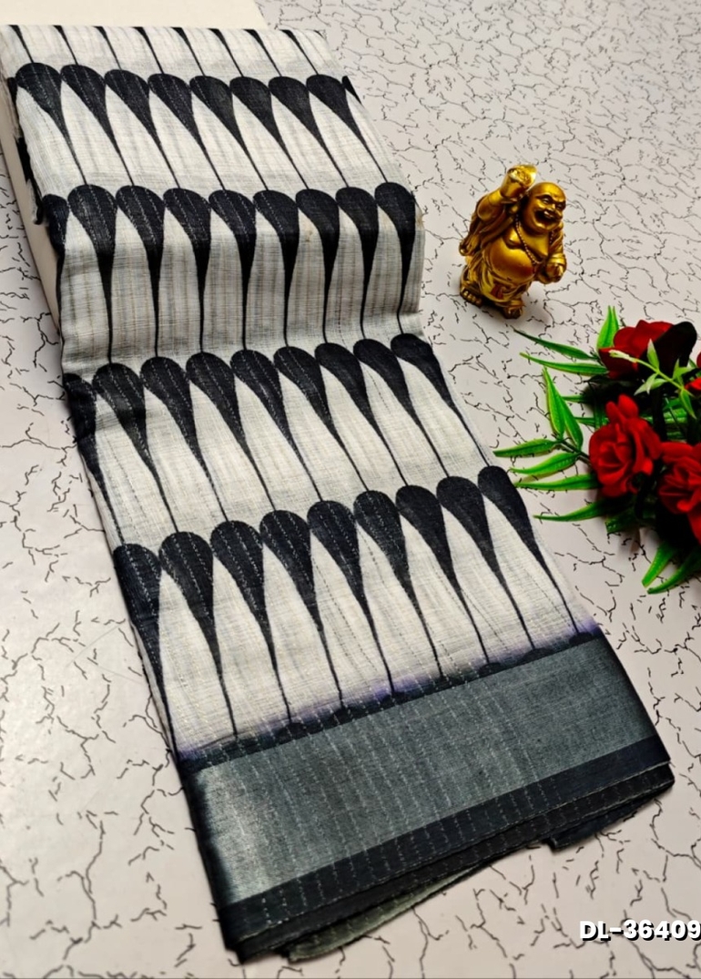 Digital printing linen cotton  trending sarees - WHITE N