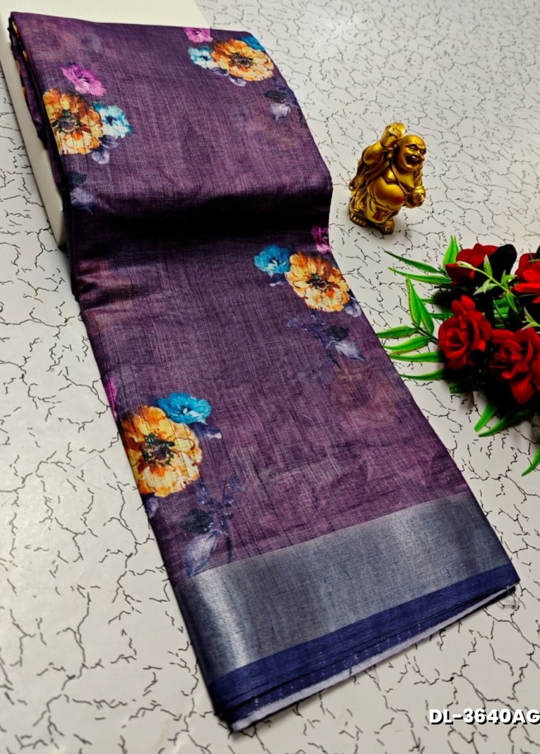 Digital printing linen cotton  trending sarees - LAVENDER DARK
