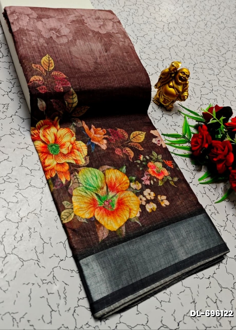 Digital printing linen cotton  trending sarees - COFEE BROWN