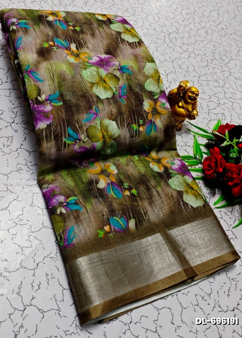 Digital printing linen cotton  trending sarees - LIGHT OLIVE