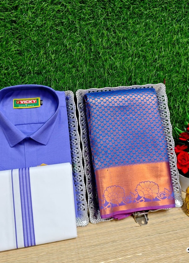 COUPLE COMBO MATCHING AND MATCHING TRADITIONAL SET MATCHING COMBO FOR FESTIVAL SEASONS - BLUE COLOUR