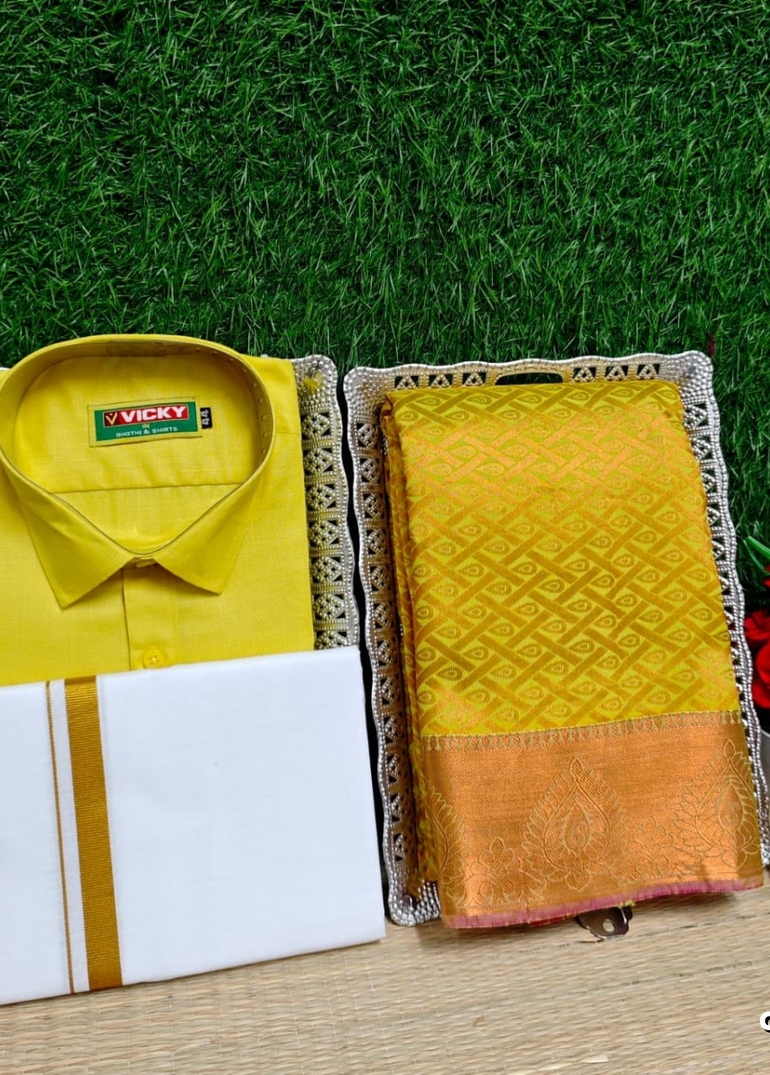 COUPLE COMBO MATCHING AND MATCHING TRADITIONAL SET MATCHING COMBO FOR FESTIVAL SEASONS - YELLOW