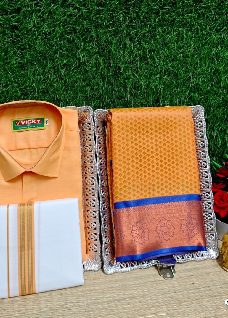 COUPLE COMBO MATCHING AND MATCHING TRADITIONAL SET MATCHING COMBO FOR FESTIVAL SEASONS - LIGHT ORANGE