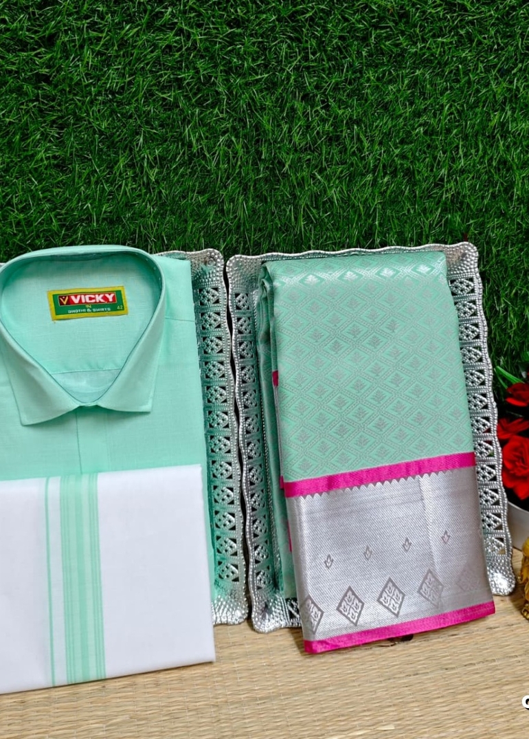 COUPLE COMBO MATCHING AND MATCHING TRADITIONAL SET MATCHING COMBO FOR FESTIVAL SEASONS - TURQUOISE GREEN (9)