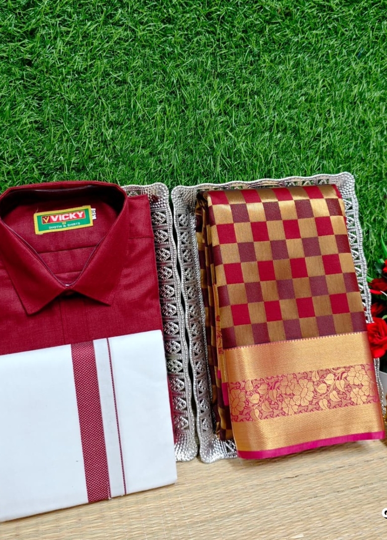 COUPLE COMBO MATCHING AND MATCHING TRADITIONAL SET MATCHING COMBO FOR FESTIVAL SEASONS - MAROON COLOR