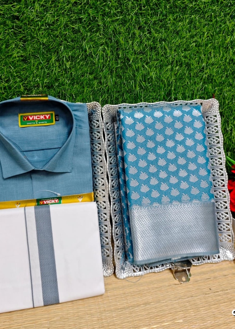 COUPLE COMBO MATCHING AND MATCHING TRADITIONAL SET MATCHING COMBO FOR FESTIVAL SEASONS - BLUE SHADE (4)