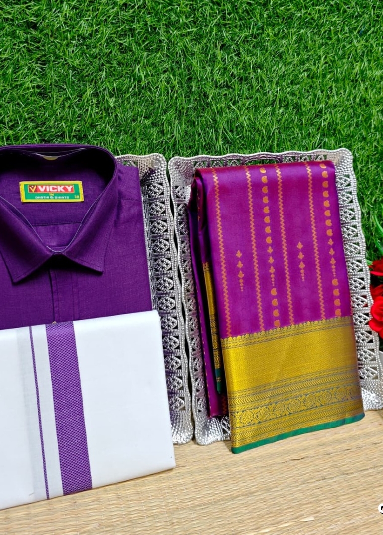 COUPLE COMBO MATCHING AND MATCHING TRADITIONAL SET MATCHING COMBO FOR FESTIVAL SEASONS - PLUM COLOUR (1)