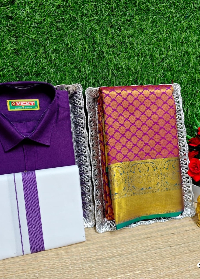 COUPLE COMBO MATCHING AND MATCHING TRADITIONAL SET MATCHING COMBO FOR FESTIVAL SEASONS - PLUM COLOUR (2)