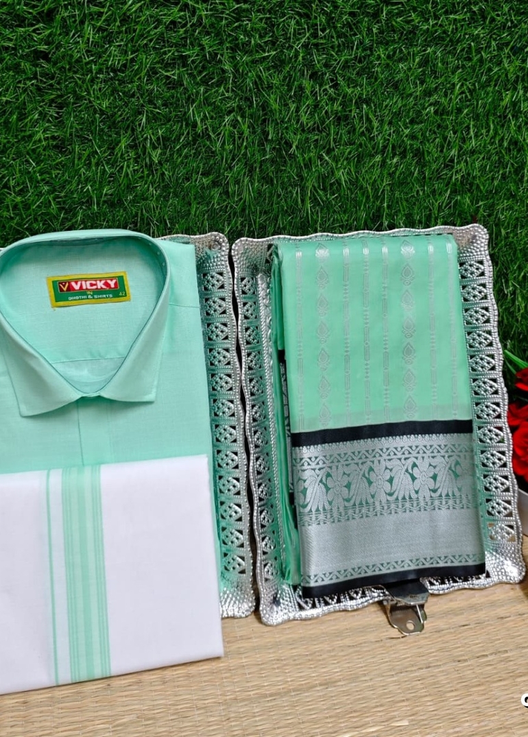 COUPLE COMBO MATCHING AND MATCHING TRADITIONAL SET MATCHING COMBO FOR FESTIVAL SEASONS - TURQUOISE GREEN (11)