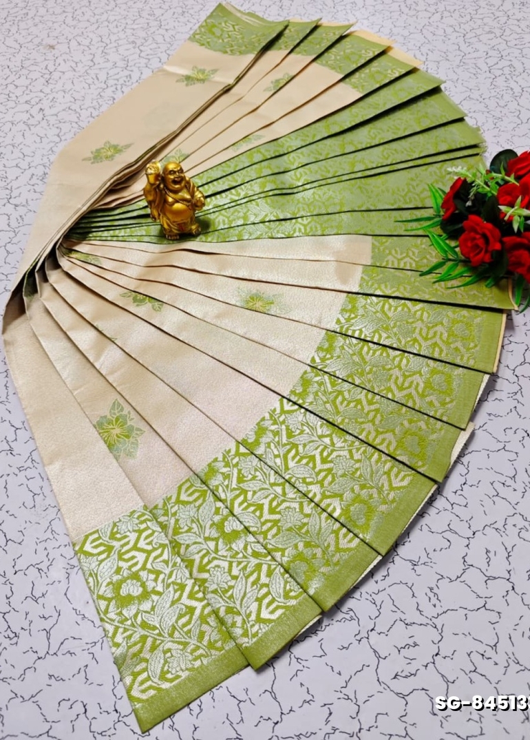 Premium kubera pattu saree rapier fancy light weight silk type sarees flower design function wear - CREAM