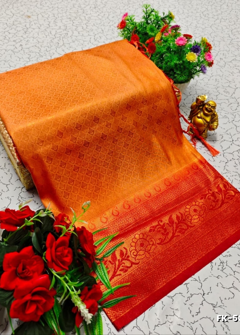 Premium Fancy kubera Softy Saree Rapier Fancy  Light Weight Silk Saree - ORANGE N
