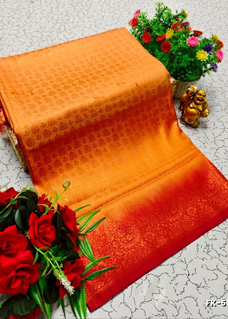 Premium Fancy kubera Softy Saree Rapier Fancy  Light Weight Silk Saree - ORANGE