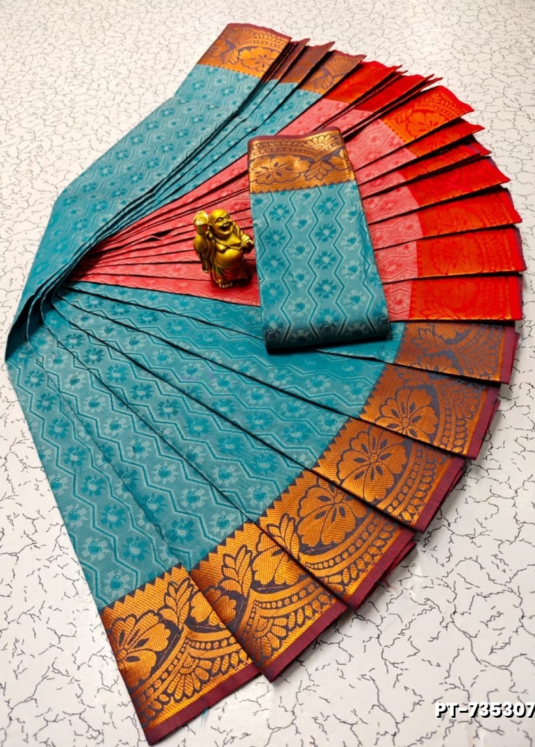 Elampillai Poontamil Saree | Karizma Silk / Soft Silk | 3D Embossed Weave - TEAL COLOUR (1)