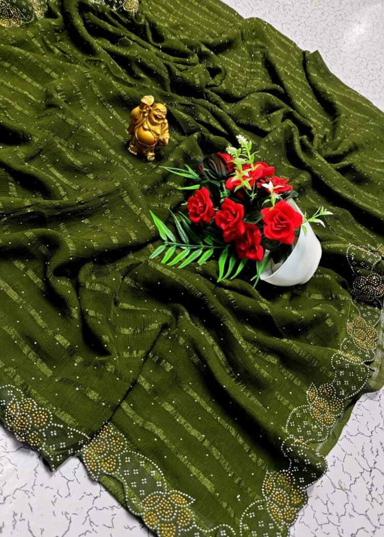 Celestial grace stone work space silk Royal design  modern fancy item saree - MEHENDHI GREEN