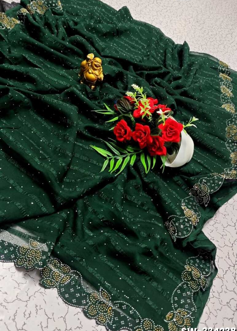 Celestial grace stone work space silk Royal design  modern fancy item saree - DARK GREEN