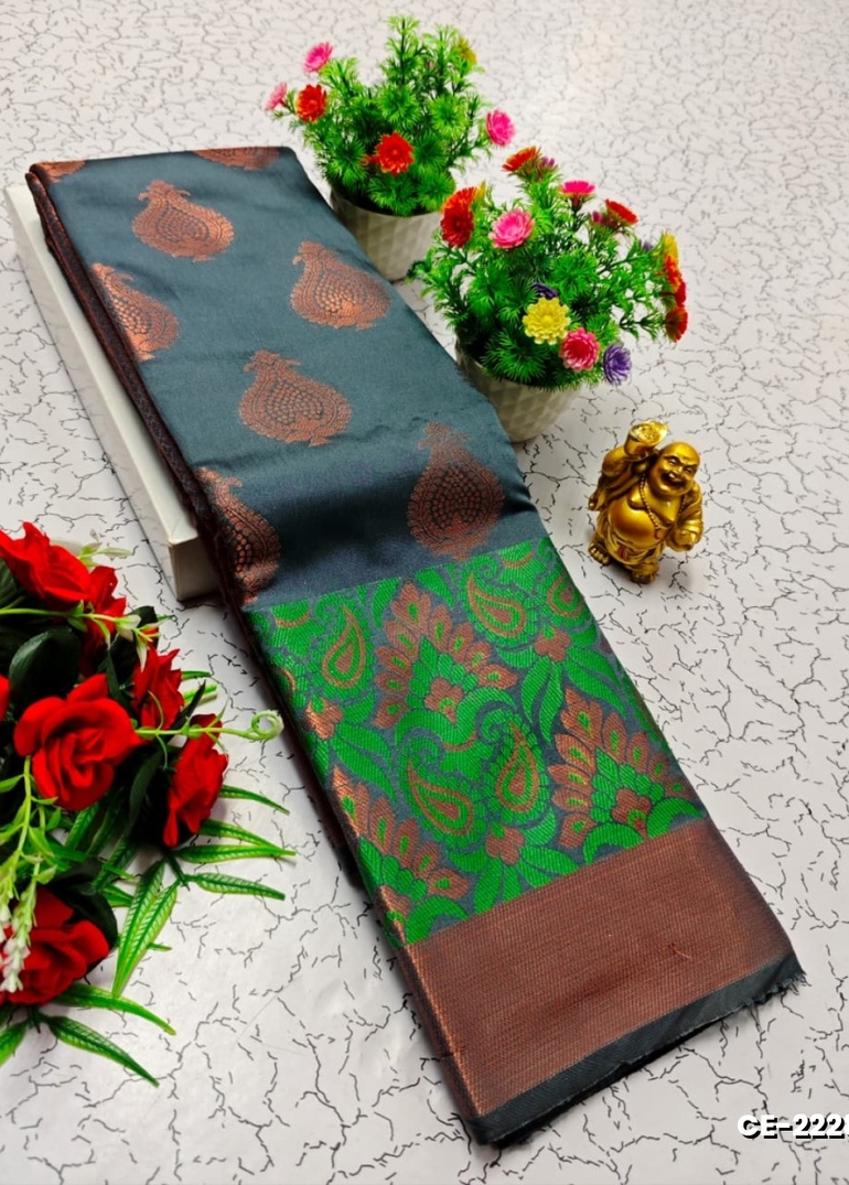 Premium kubera pattu saree rapier fancy  light weight silk type sarees flower design function wear - Clearance  Sale - GRAY