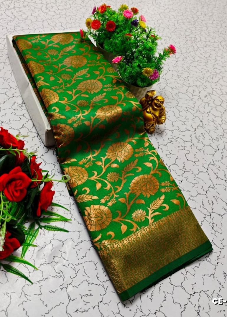 Premium kubera pattu saree rapier fancy light weight silk type sarees flower design function wear - GREEN (1)