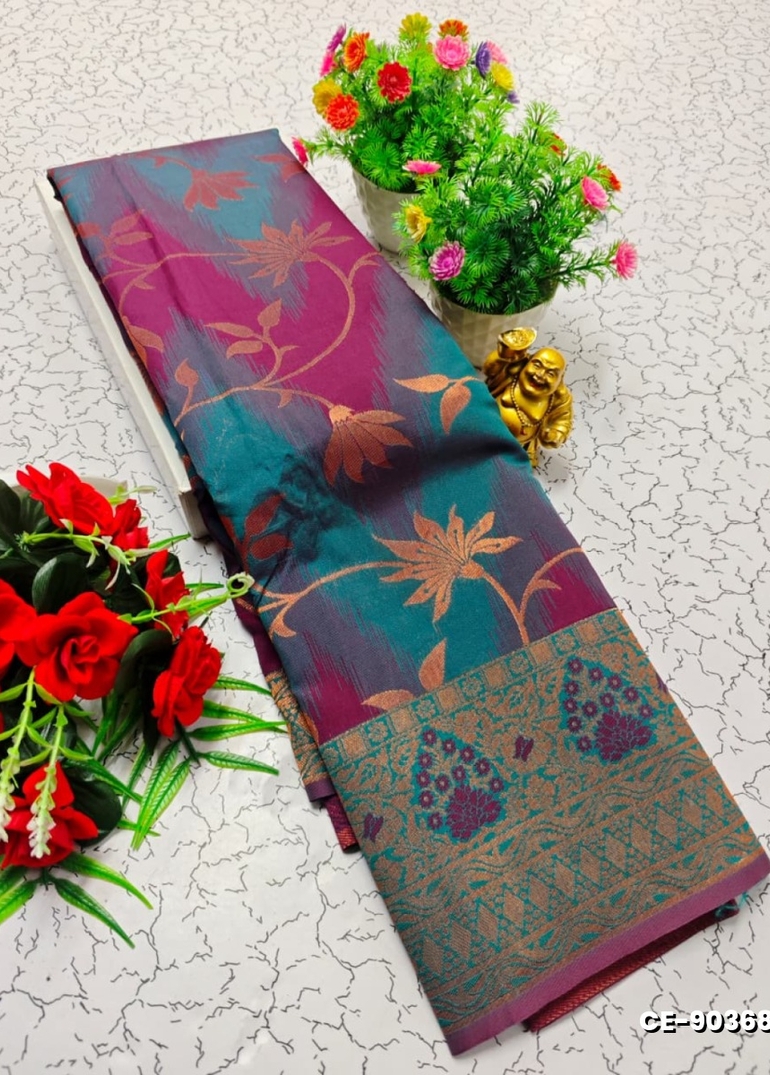 Premium kubera pattu saree rapier fancy light weight silk type sarees flower design function wear - BLUE SHADE (1)