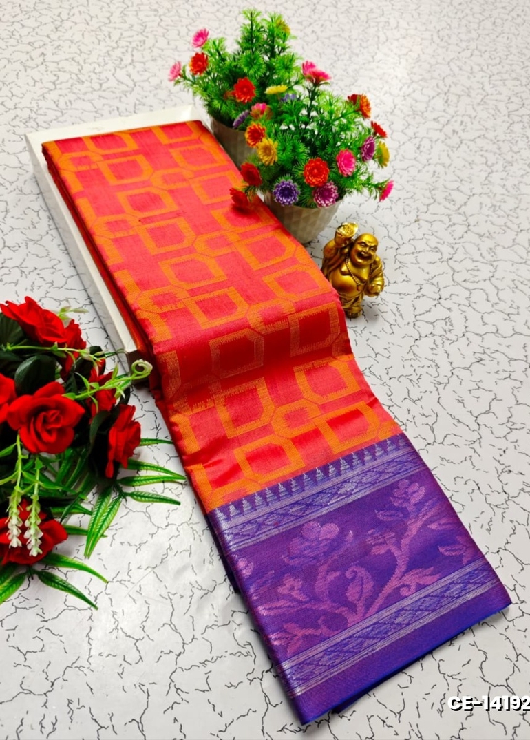 Premium monika cotton silk saree rapier fancy light weight silk type sarees flower design function wear - ORANGE N