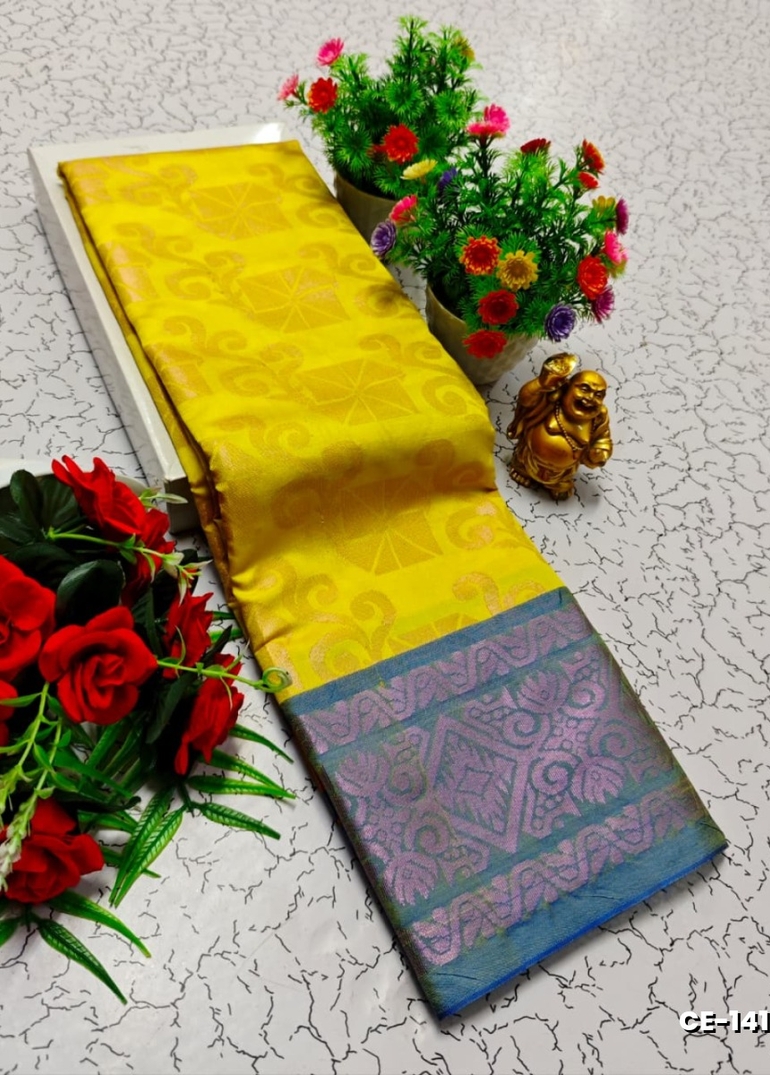 Premium monika soft silk saree rapier fancy light weight silk type sarees flower design function wear - LEMON COLOUR