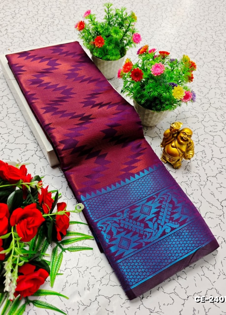 Premium monika cotton silk saree rapier fancy light weight silk type sarees flower design function wear - PLUM COLOUR
