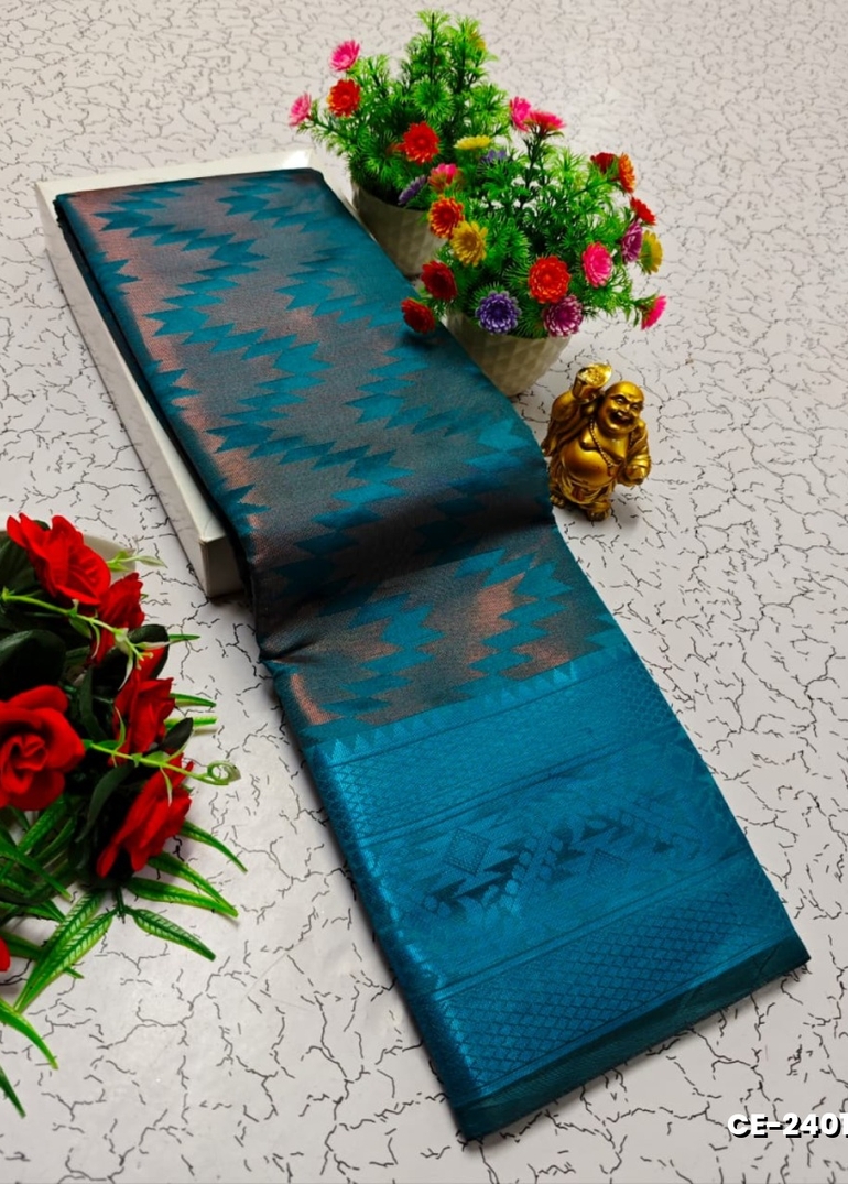 Premium monika cotton silk saree rapier fancy light weight silk type sarees flower design function wear - PEACKOK BLUE
