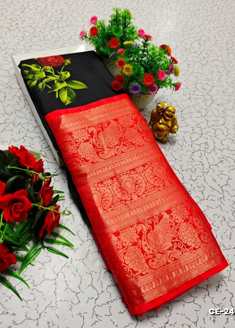 Premium Fancy saree saree rapier fancy light weight silk type sarees flower design function wear Long Border  - BLACK